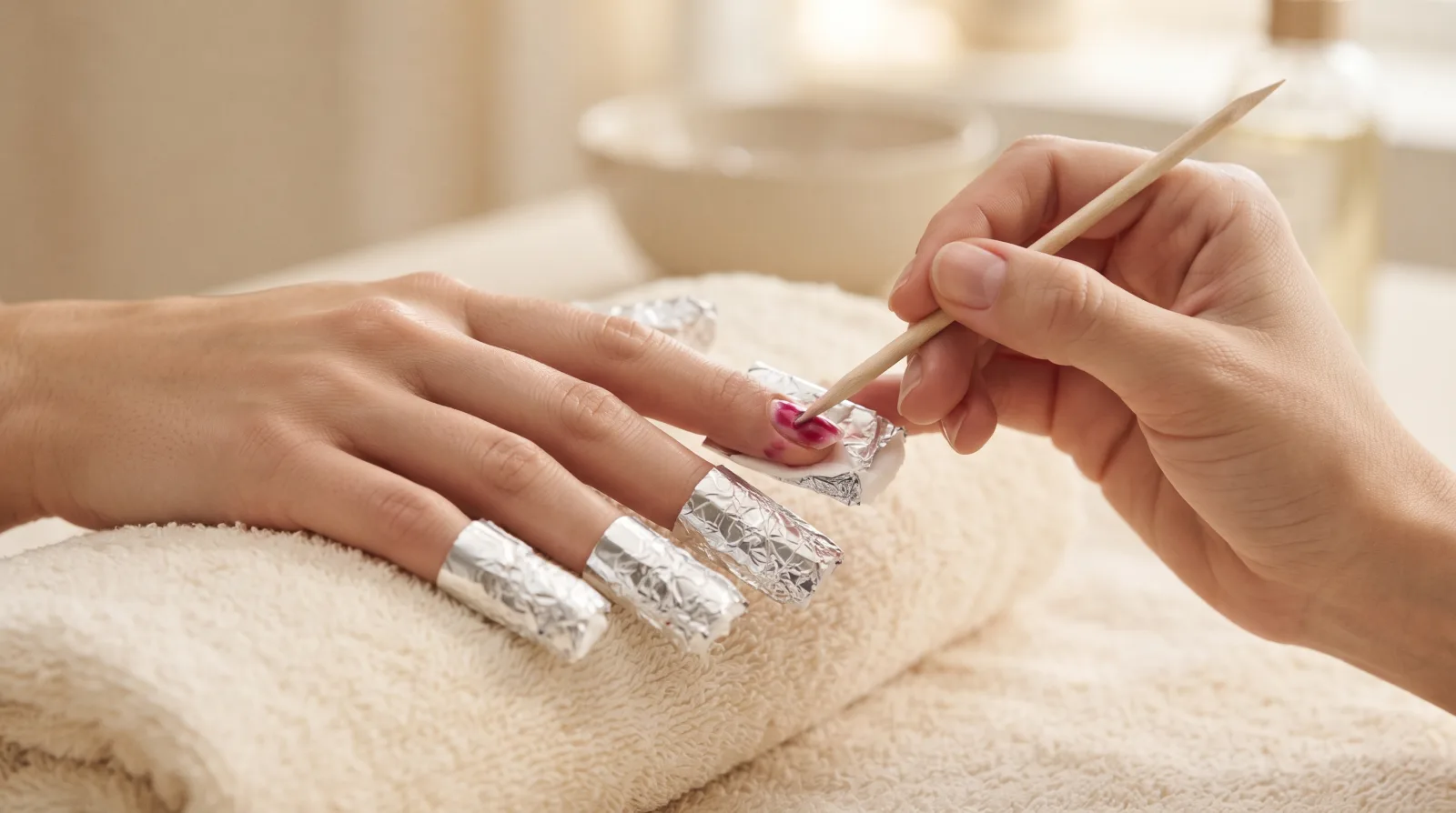 Fingertips wrapped in foil for a gel polish soak-off removal, softened gel eased off with a wooden stick