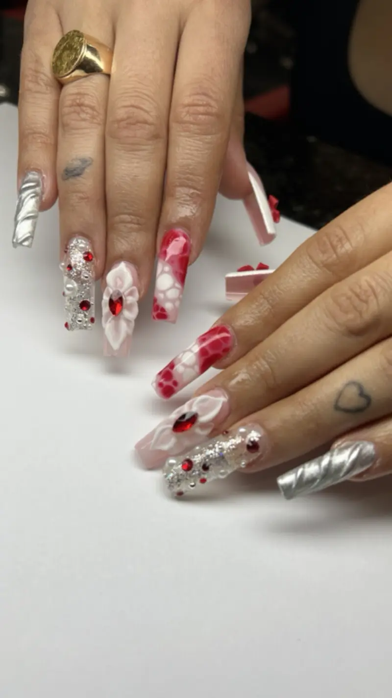 Coffin long nails with 3D floral red and silver bling