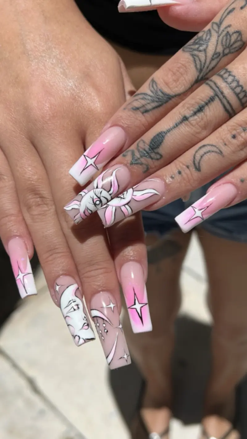 Coffin long nails with airbrushed pink nail art