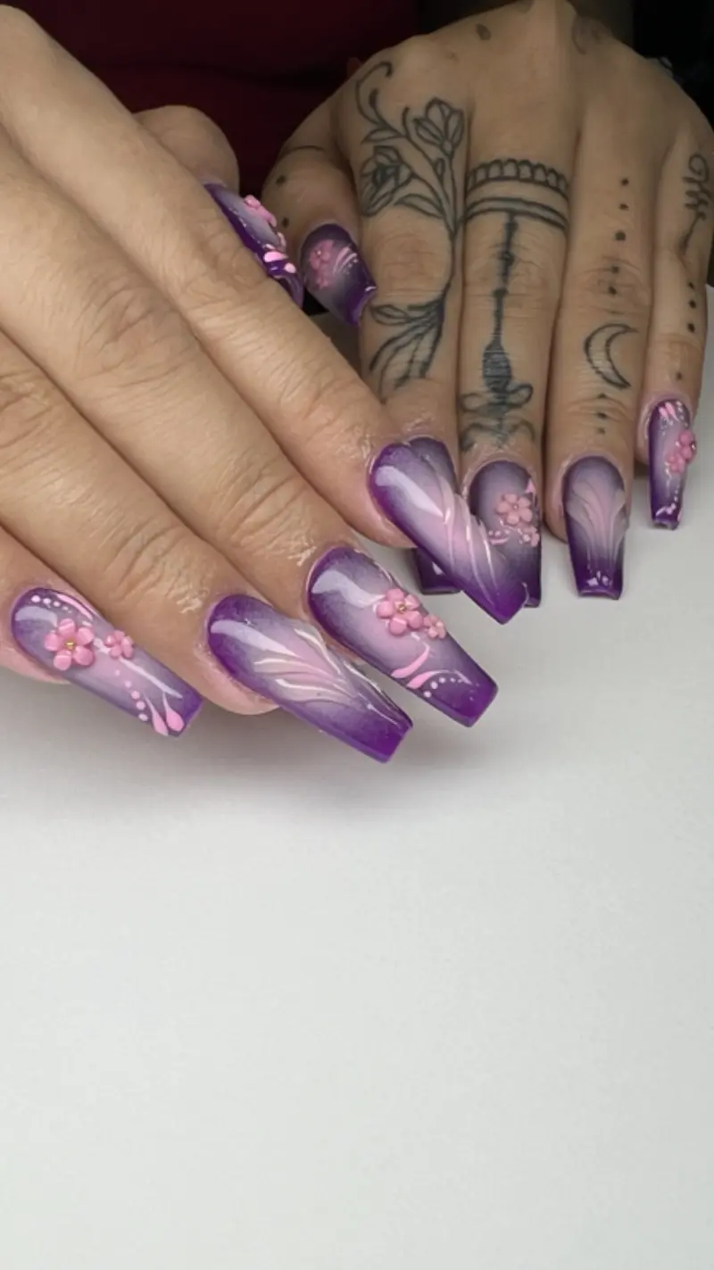 Coffin long nails with purple ombre and 3D floral nail art