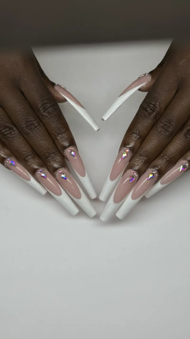 Coffin extra long nails with white French tips and bling