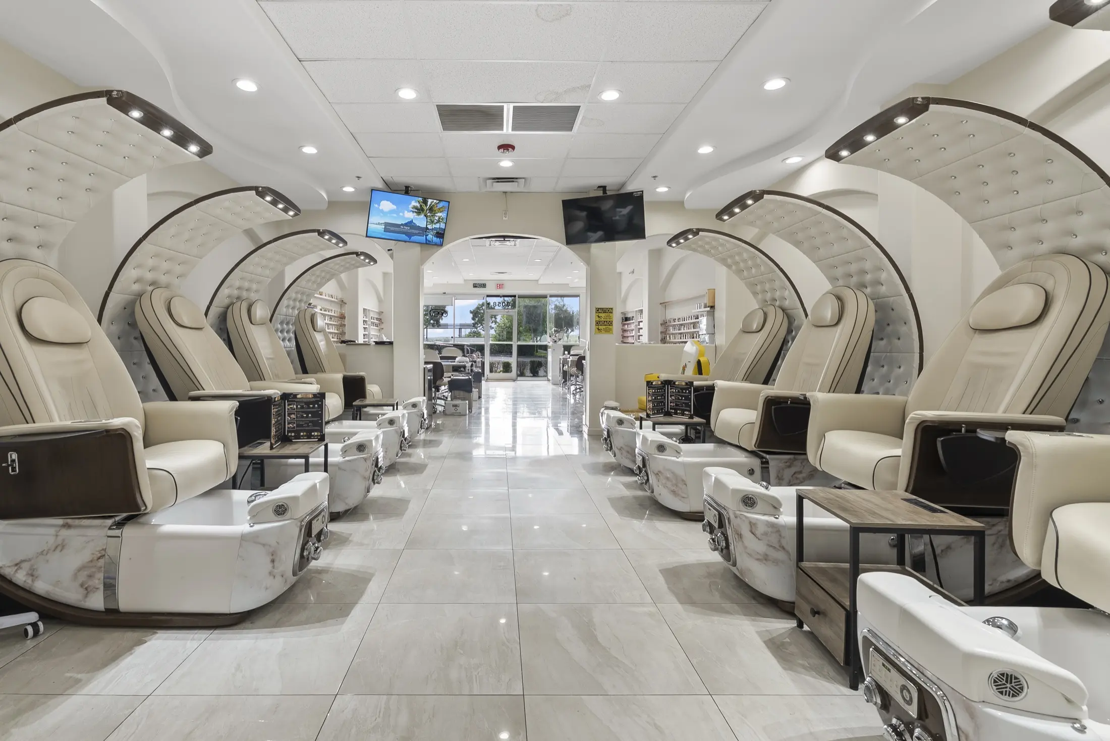 Trust Nails pedicure lounge, center aisle view