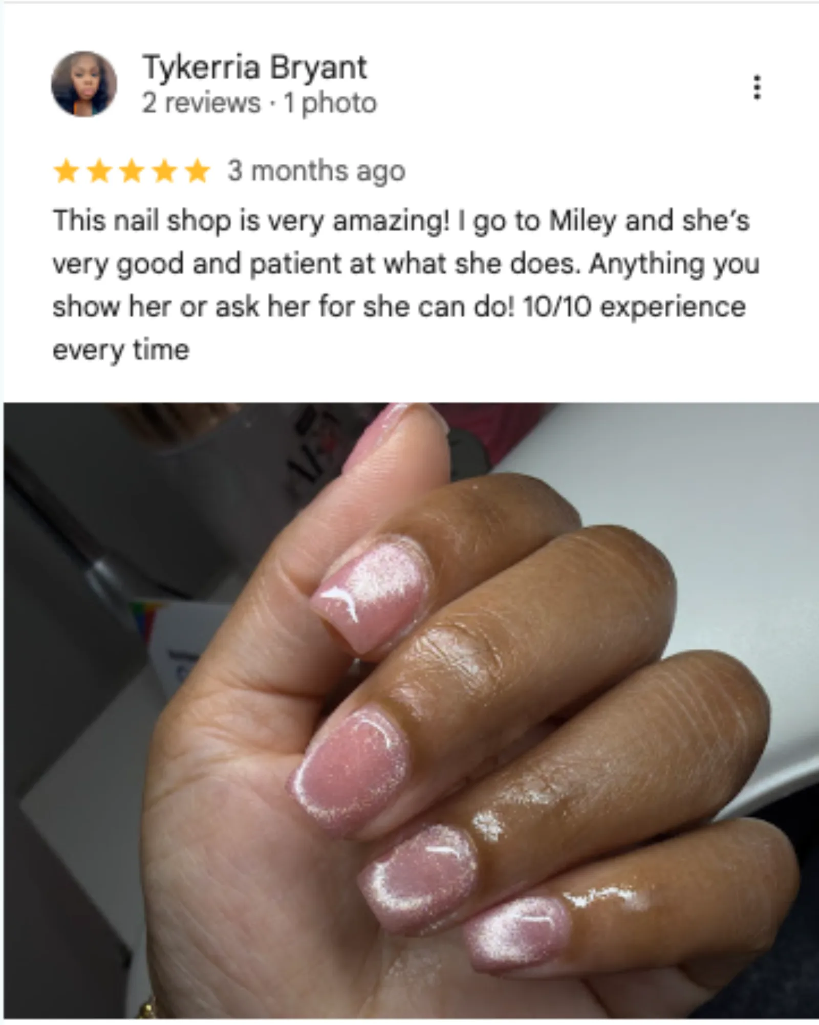 Tykerria Bryant 5-star Google review of Trust Nails & Spa