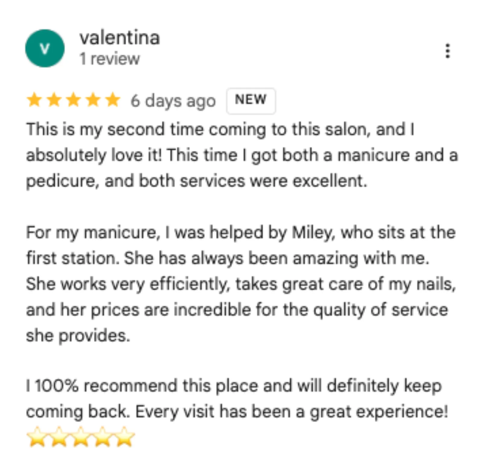 Valentina 5-star Google review of Trust Nails & Spa