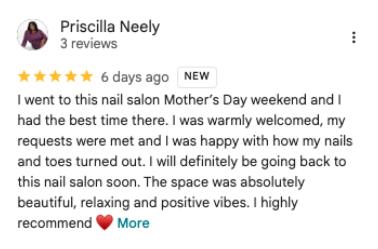 Priscilla Neely 5-star Google review of Trust Nails & Spa