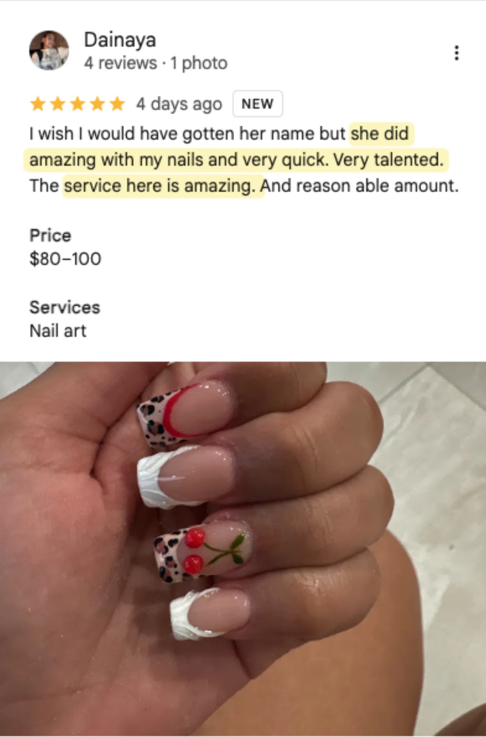 Dainaya 5-star Google review of Trust Nails & Spa