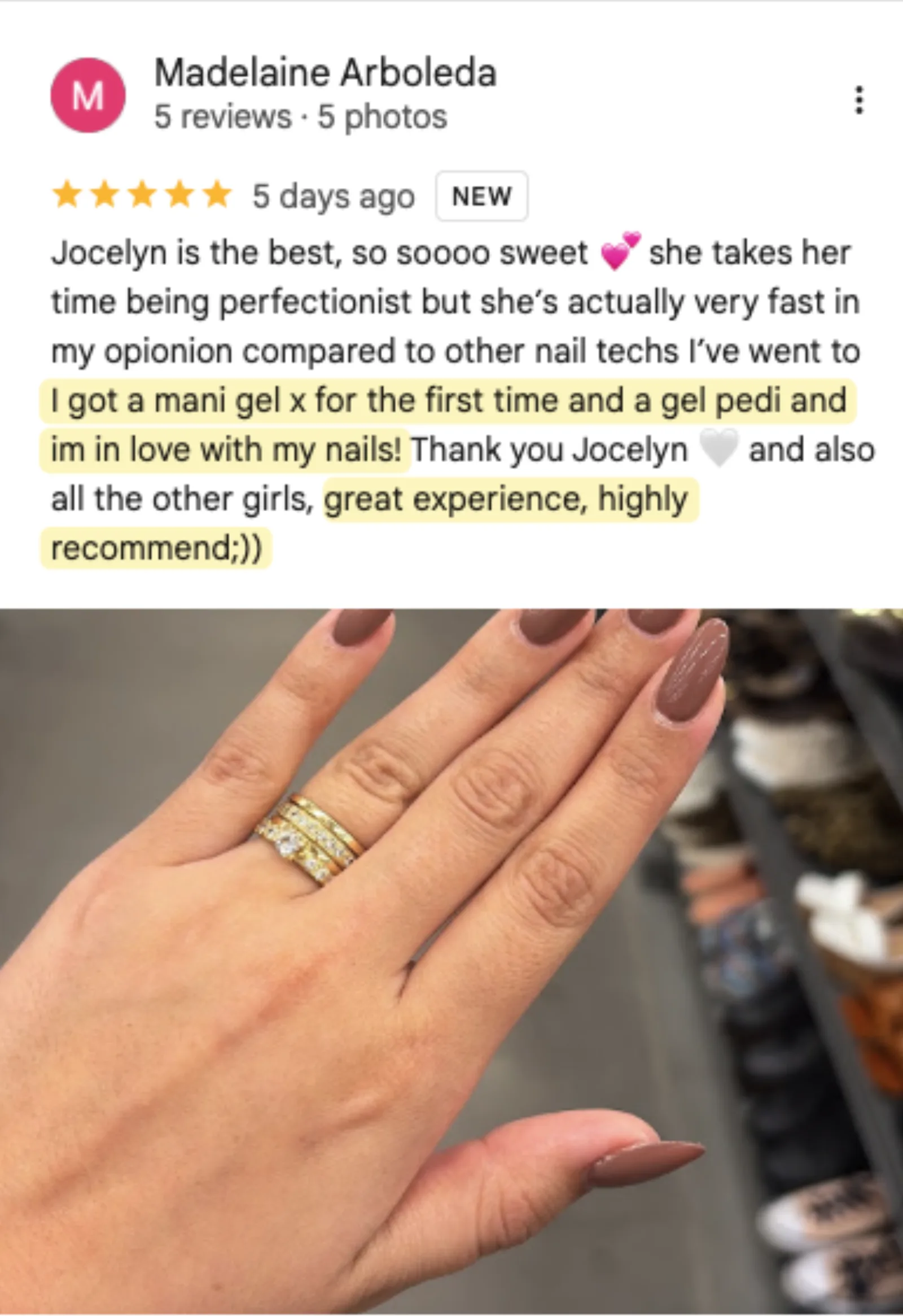 Madelaine Arboleda 5-star Google review of Trust Nails & Spa
