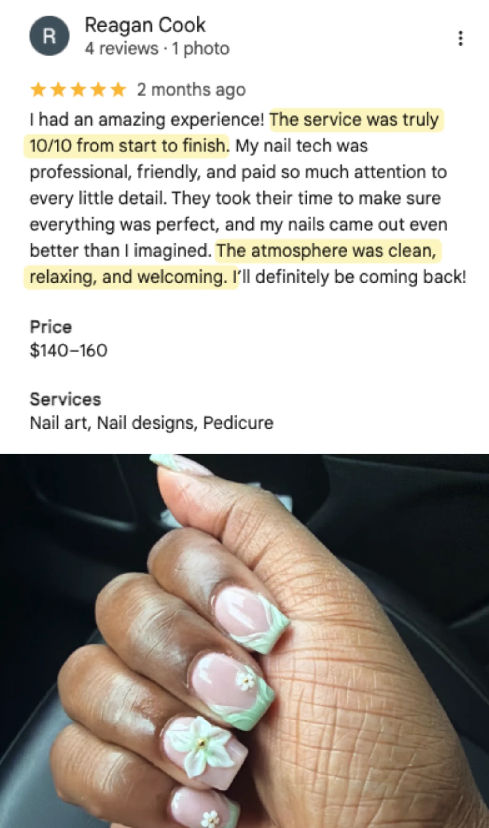 Reagan Cook 5-star Google review of Trust Nails & Spa