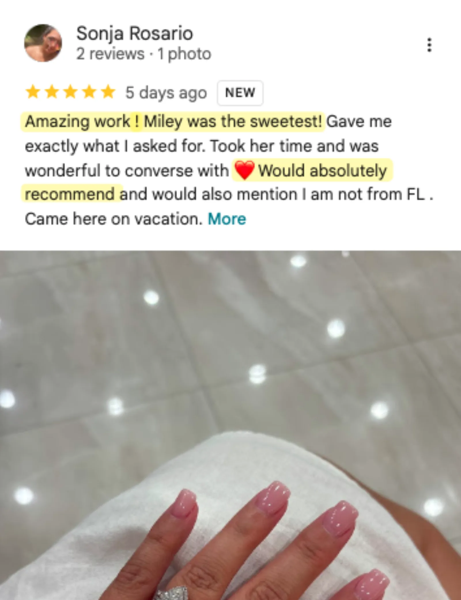 Sonja Rosario 5-star Google review of Trust Nails & Spa
