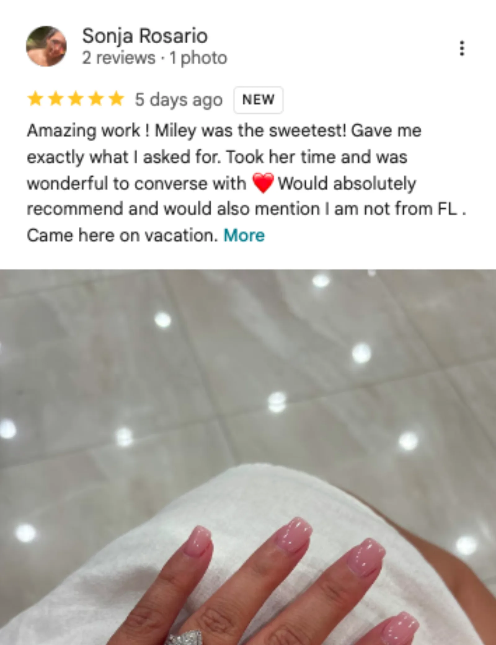Sonja Rosario 5-star Google review of Trust Nails & Spa
