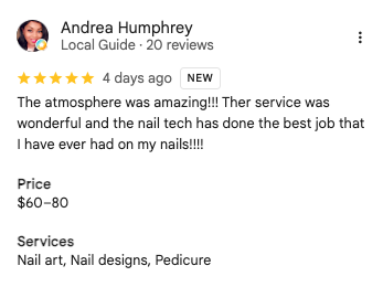 Andrea Humphrey 5-star Google review of Trust Nails & Spa