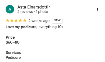 Asta 5-star Google review of Trust Nails & Spa pedicure