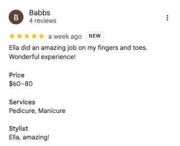 Babbs 5-star Google review of Trust Nails & Spa