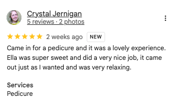 Crystal Jernigan 5-star Google review of Trust Nails & Spa