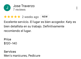 Jose Traverzo 5-star Google review of Trust Nails & Spa