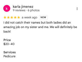 Karla Jimenez 5-star Google review of Trust Nails & Spa