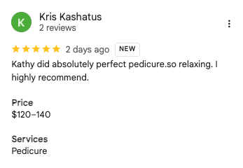 Kris Kashatus 5-star Google review of Trust Nails & Spa