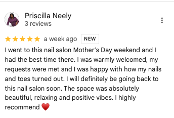 Priscilla Neely 5-star Google review of Trust Nails & Spa