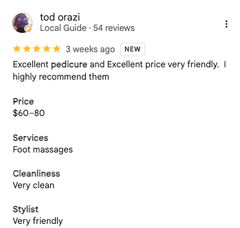Tod 5-star Google review of Trust Nails & Spa pedicure