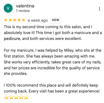 Valentina 5-star Google review of Trust Nails & Spa manicure and pedicure